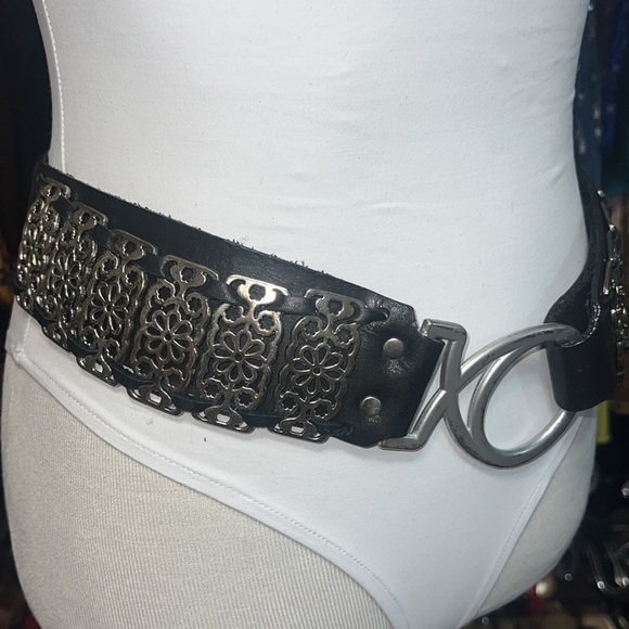 Vintage LeatherRock USA Black Leather and Sterling Silver Wide Belt, size small